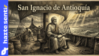 Gravado histórico de San Ignacio de Antioquía sentado encadenado en la cubierta de un barco romano mientras sostiene un pergamino rumbo a Roma.