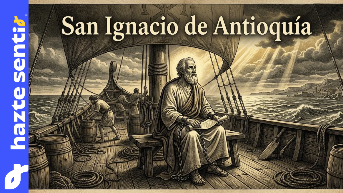 Gravado histórico de San Ignacio de Antioquía sentado encadenado en la cubierta de un barco romano mientras sostiene un pergamino rumbo a Roma.