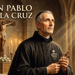 Retrato al estilo de pintura barroca de San Pablo de la Cruz vistiendo el hábito negro pasionista dentro de una iglesia ilumnada por luz celestial que entra a través de vitrales.