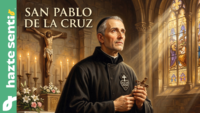 Retrato al estilo de pintura barroca de San Pablo de la Cruz vistiendo el hábito negro pasionista dentro de una iglesia ilumnada por luz celestial que entra a través de vitrales.