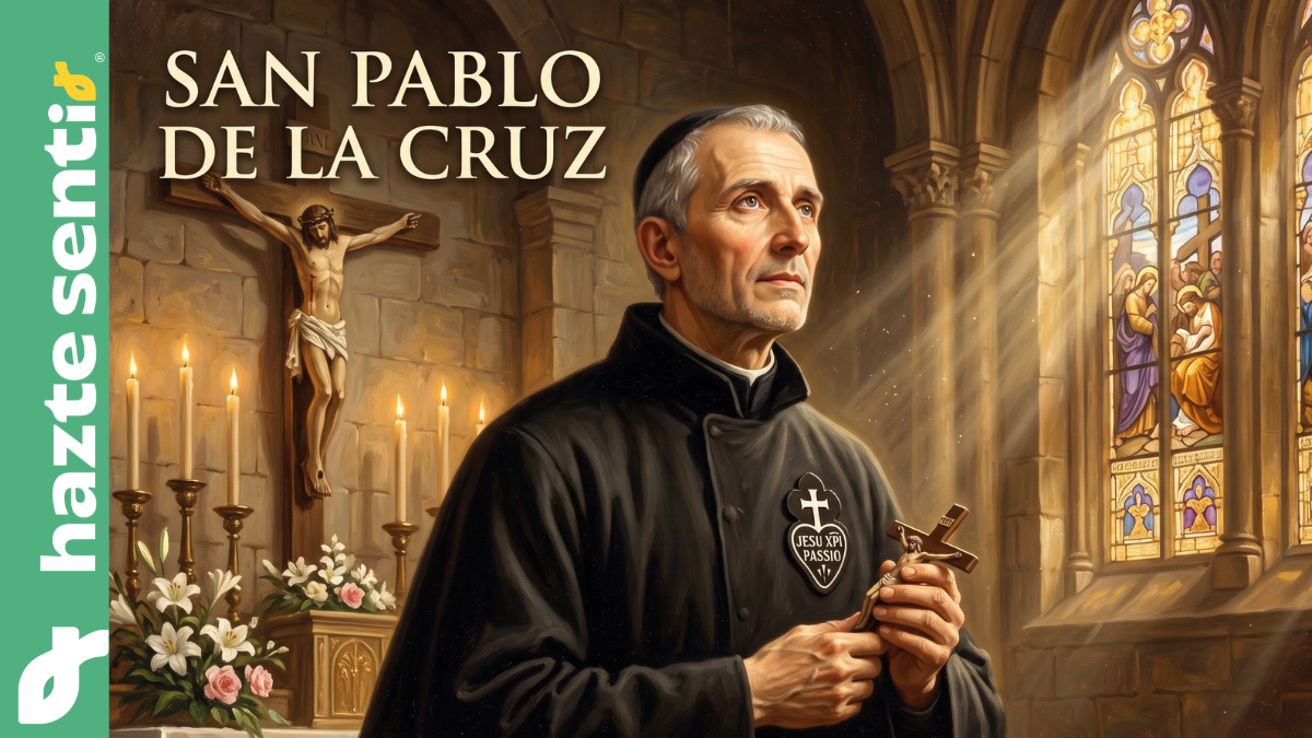 Retrato al estilo de pintura barroca de San Pablo de la Cruz vistiendo el hábito negro pasionista dentro de una iglesia ilumnada por luz celestial que entra a través de vitrales.