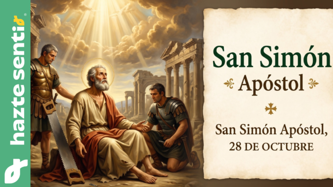 San Simón Apóstol, el Zelote, representado con una sierra, símbolo de su martirio