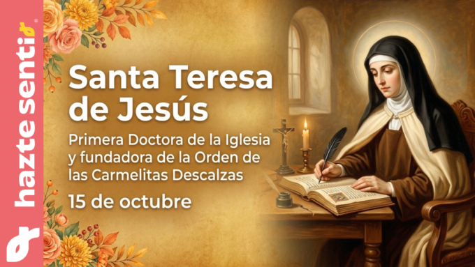 Mujer en silencio junto a una ventana de piedra con un libro abierto y la muralla de Ávila al fondo, en recuerdo de Santa Teresa de Jesús