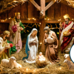 Un nacimiento navideño tradicional instalado en la plaza central de un municipio mexicano frente a un edificio gubernamental.